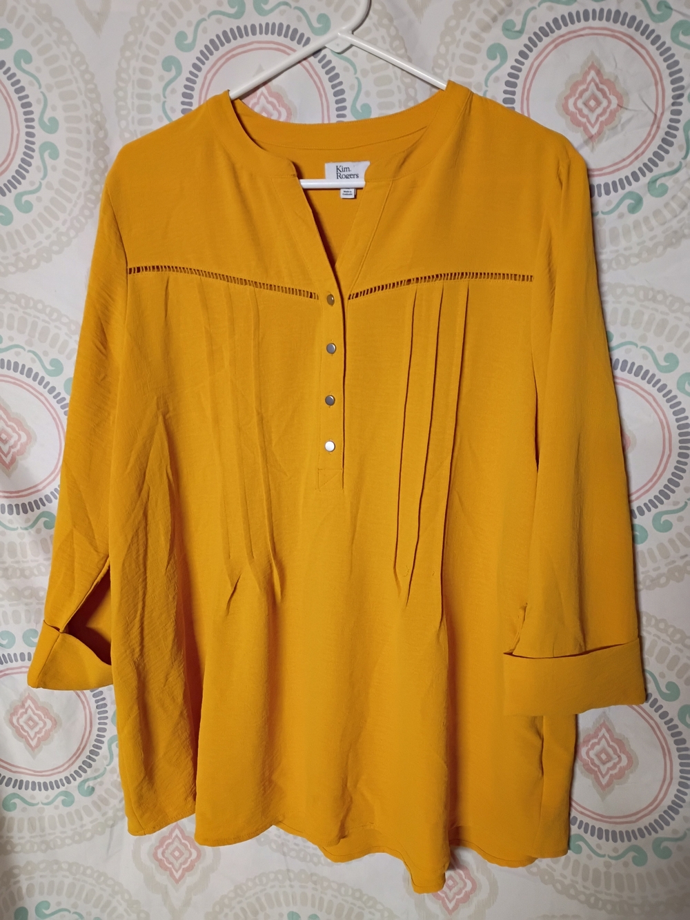 Kim Rogers Mustard Split-Neck Pintuck Tunic